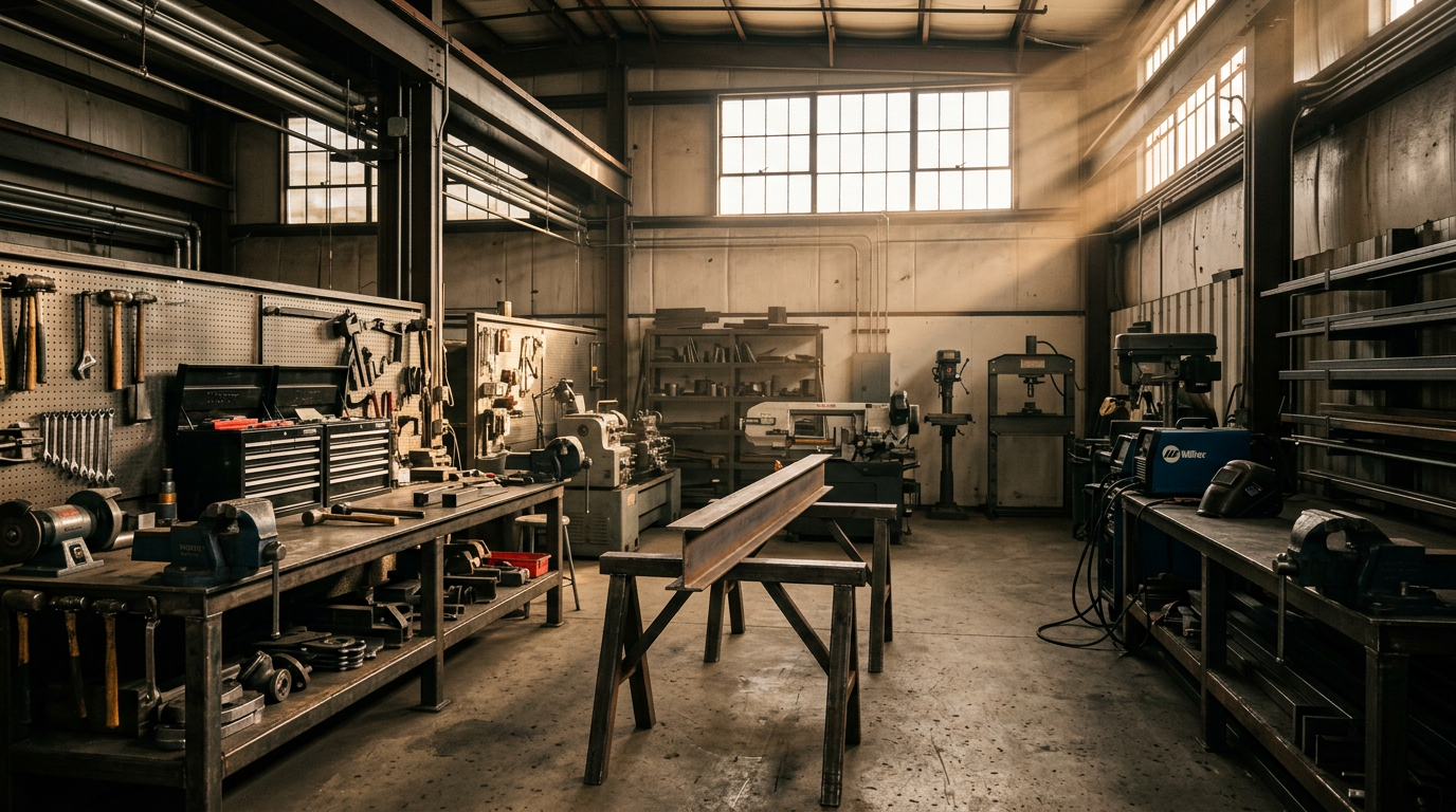 Officina con banchi da lavoro e cavalletti in acciaio