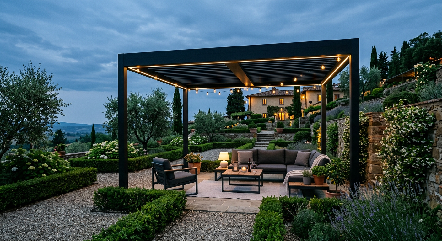 Gazebo minimalista in acciaio nero in un giardino al tramonto