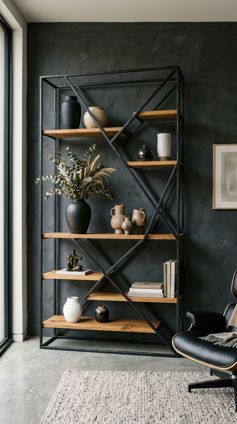 Libreria scultorea in ferro e rovere con vasi in ceramica